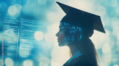 A silhouette of a graduate wearing a cap, surrounded by digital data and a blurred background, symbolizing education and technology integration.