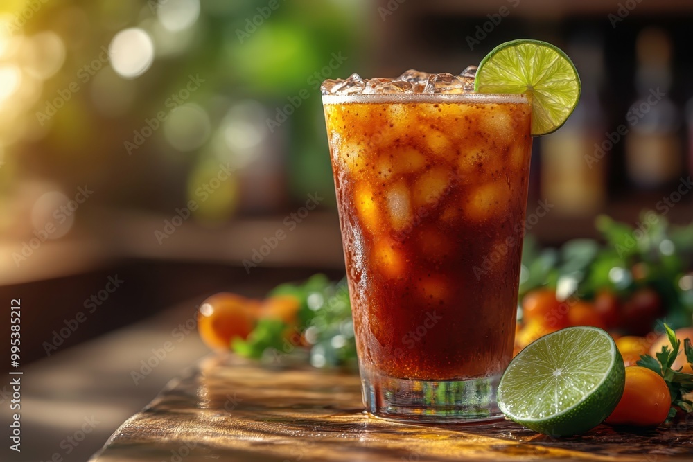 Cocktail Michelada reddish-brown colored placed on the right side of the table with a lime wedge on the table. Blurred bar with sunlight in the background. Cocktail Michelada reddish-brown colored placed on the right side of the table with a lime wedge on the table. Blurred bar with sunlight in the background.