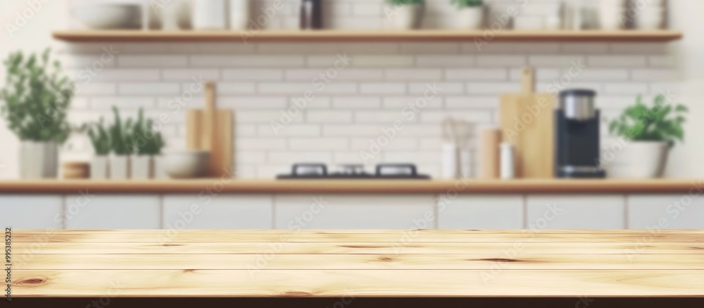 Fototapeta premium Front View Of Contemporary Empty Wooden Table In Blurred Kitchen Setting