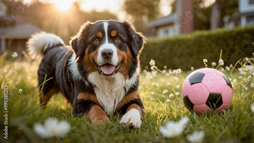Cute Bernese mountain dog is playing with soccer ball on grass in garden with flowers. Dog and pink ball. Pet dog is having fun outdoors