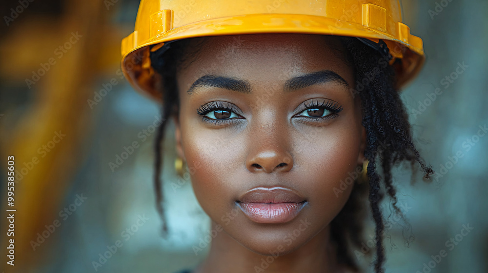 close-up portrait of a woman in a yellow hard hat looking at the camera with a serious expression close-up portrait of a woman in a yellow hard hat looking at the camera with a serious expression