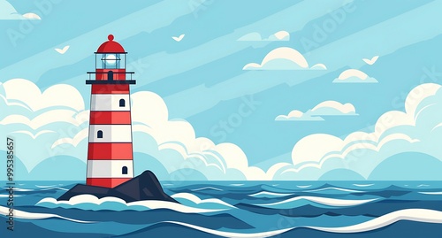 A stylized illustration of a red and white lighthouse on rocky outcrop with a sailboat nearby.