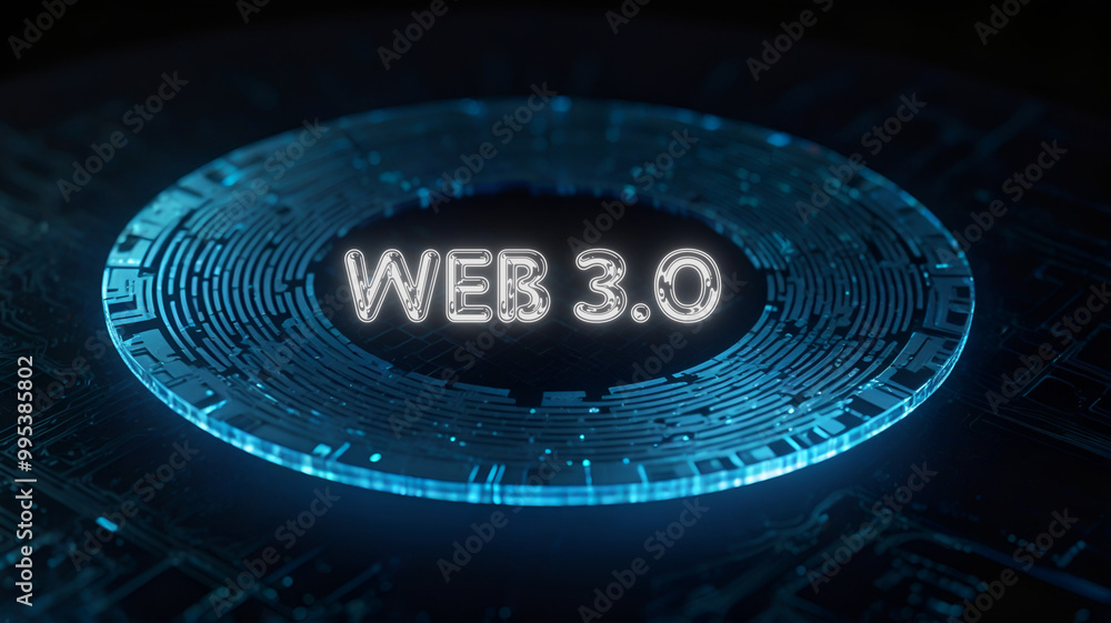 Fototapeta premium Tiny chip with text web 3.0 against dark background 