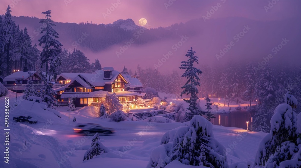 A snowy landscape with a house and a car in the foreground A snowy landscape with a house and a car in the foreground
