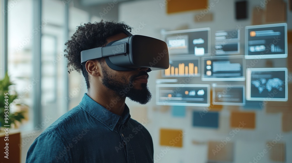 Individual Using VR Headset in Contemporary Office Individual Using VR Headset in Contemporary Office