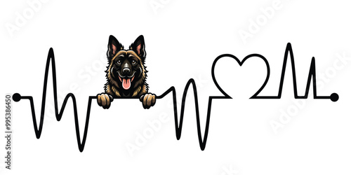 Heartbeat line with Dutch Shepherd Dog Peeking, Dog and Heartbeat frequency with Heart Love Vector illustration
