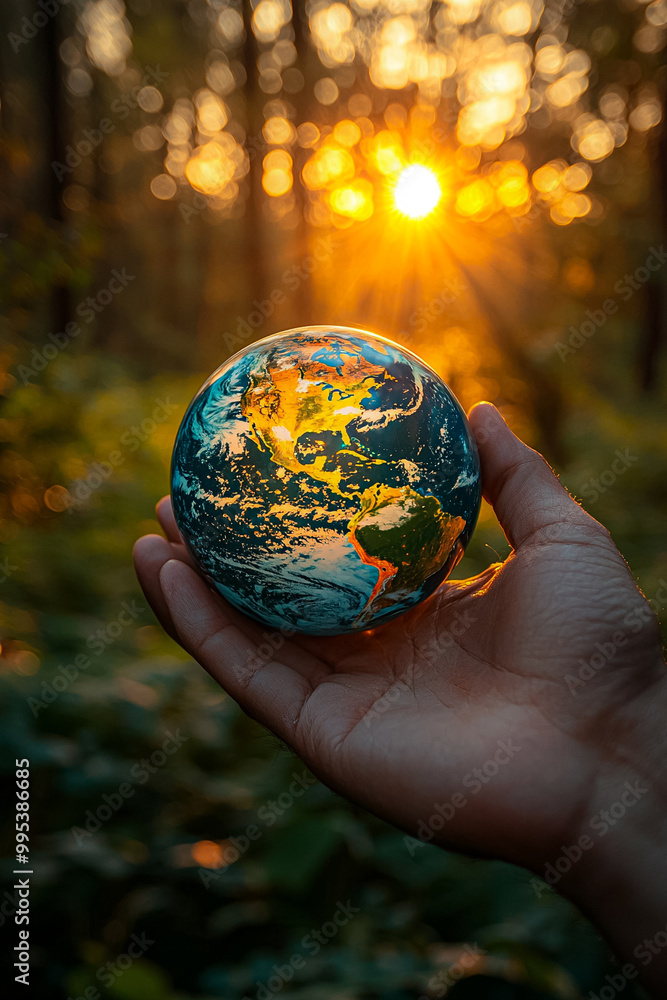 A hand holding a globe with the sun shining on it A hand holding a globe with the sun shining on it