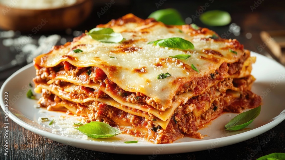 A plate of homemade Italian lasagna, served with fresh basil and Parmesan cheese. A plate of homemade Italian lasagna, served with fresh basil and Parmesan cheese.
