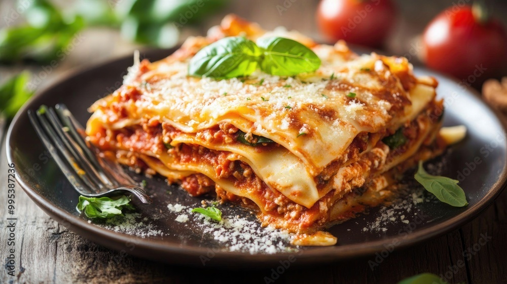 A plate of homemade Italian lasagna, served with fresh basil and Parmesan cheese. A plate of homemade Italian lasagna, served with fresh basil and Parmesan cheese.