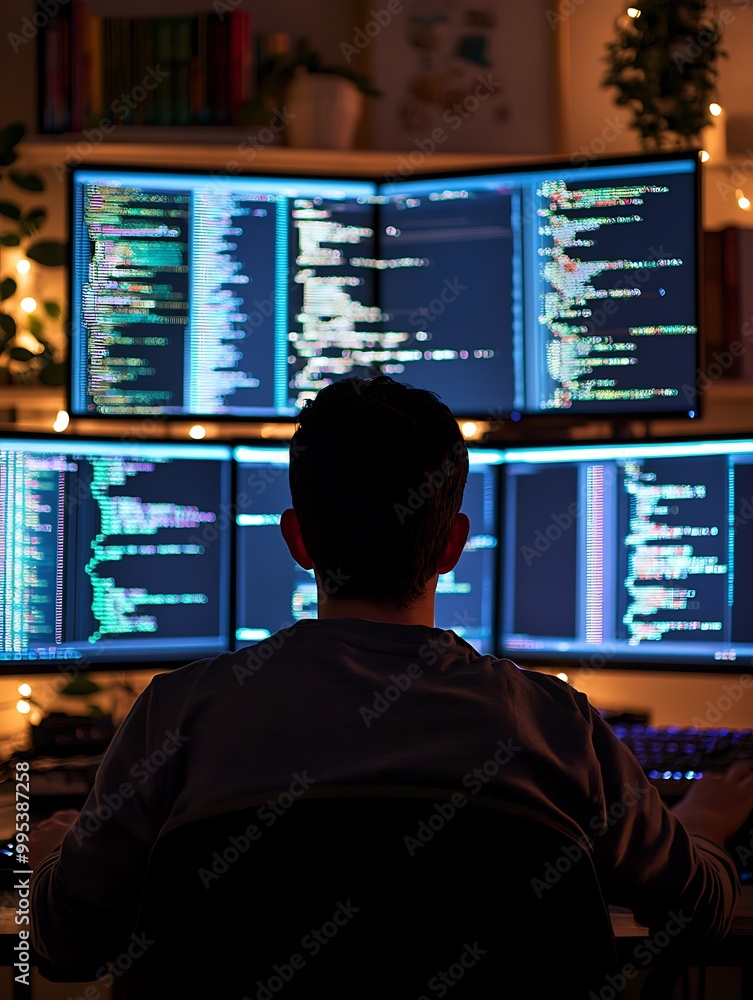 Software Engineer Coding on Multiple Screens A software engineer seated in front of several computer monitors, typing code with their back to the viewer, screens glowing with lines of code in a darken Software Engineer Coding on Multiple Screens A software engineer seated in front of several computer monitors, typing code with their back to the viewer, screens glowing with lines of code in a darken