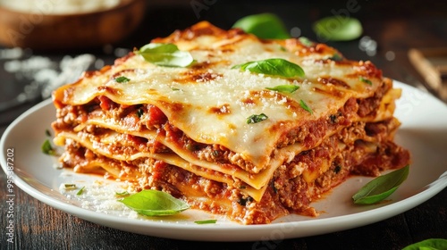 A plate of homemade Italian lasagna, served with fresh basil and Parmesan cheese.