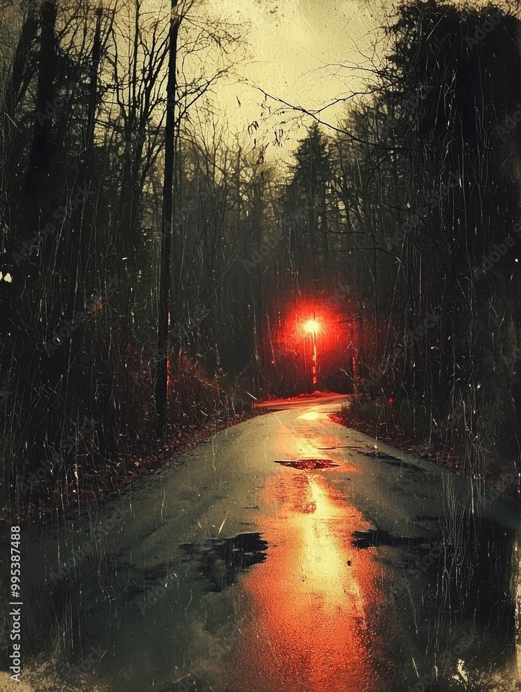 Wet Road Through a Forest Lit by a Single Red Light Wet Road Through a Forest Lit by a Single Red Light