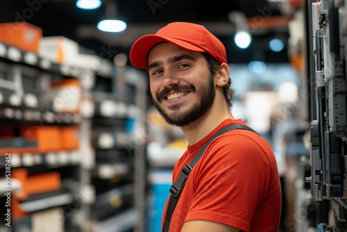 Man in a red shirt and hat is smiling. He is standing in a store. There are many shelves in the store. in the background, there is a store with materials for electrical installation