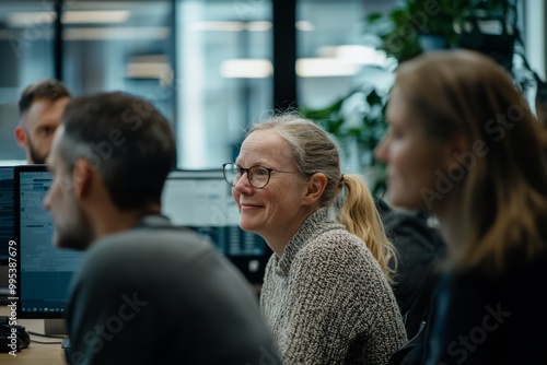 A team huddled around a cubicle, sharing ideas and feedback on a project during a brainstorming session, Generative AI