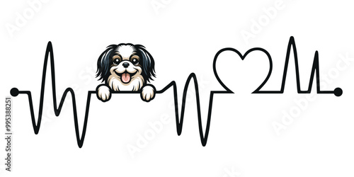 Heartbeat line with Japanese Chin Dog Peeking, Dog and Heartbeat frequency with Heart Love Vector illustration
