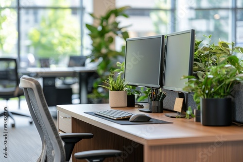 A well-organized cubicle with a dual-monitor setup, showcasing efficiency and productivity in a modern workspace, Generative AI 