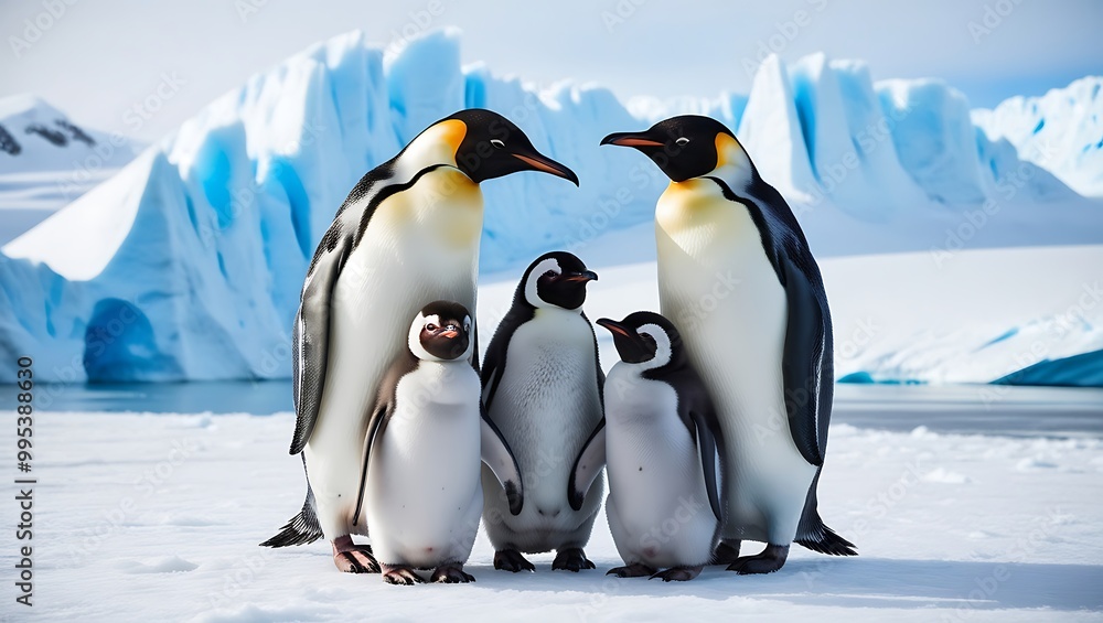 Fototapeta premium Experience the heartwarming beauty of this captivating image showcasing a family of penguins, including both adults and their adorable chicks, standing together on a stunning glacier.