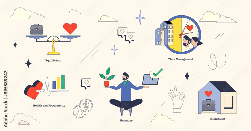 Illustration of work-life balance with elements like a scale, clock, and laptop in neubrutalism style collection. Illustration of work-life balance with elements like a scale, clock, and laptop in neubrutalism style collection.