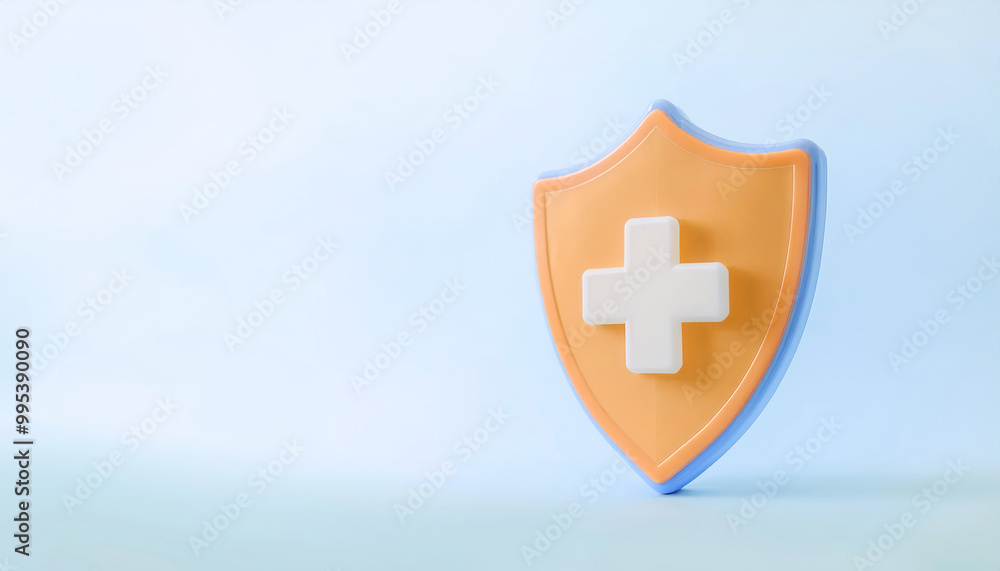 Orange shield with a white cross on a light blue background, symbolizing safety and healthcare. Orange shield with a white cross on a light blue background, symbolizing safety and healthcare.