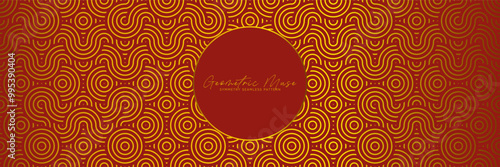 Chinese New Year vector seamless pattern with snake head silhouette curvy lines and circles texture in golden red colors. Vintage pattern for decorative wallpaper, festive backdrop, lunar new year.