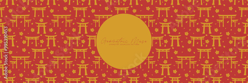 Japanese Festive Holidays Celebration Vector Seamless Pattern torii gates texture in red and golden colors. Traditional pattern for decorative elements in temples and shrines. 