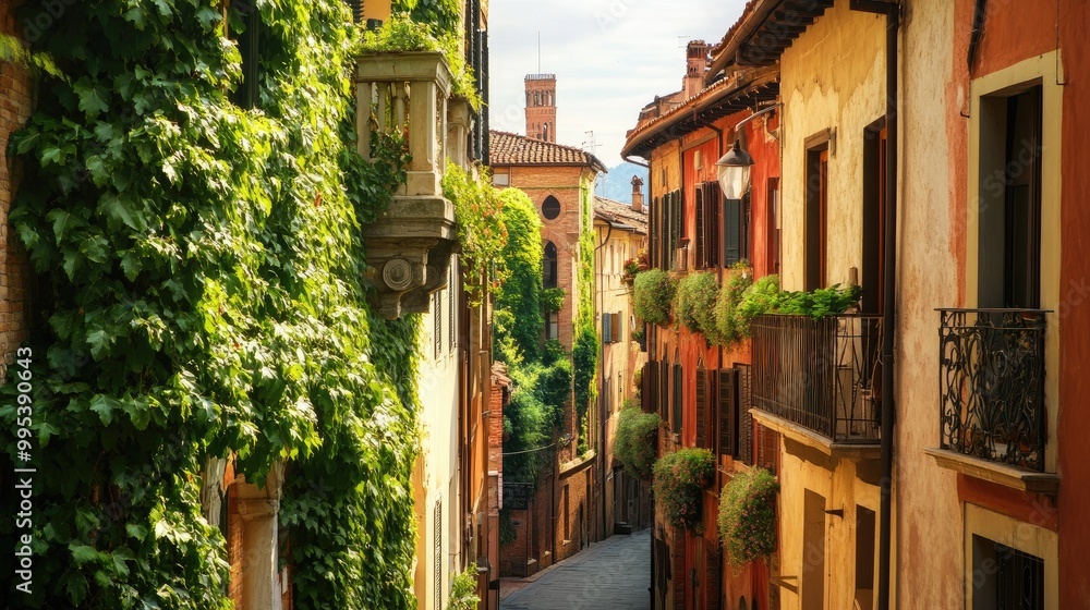 Fototapeta premium A view of the historic streets of Verona, with Julietas balcony covered in ivy.
