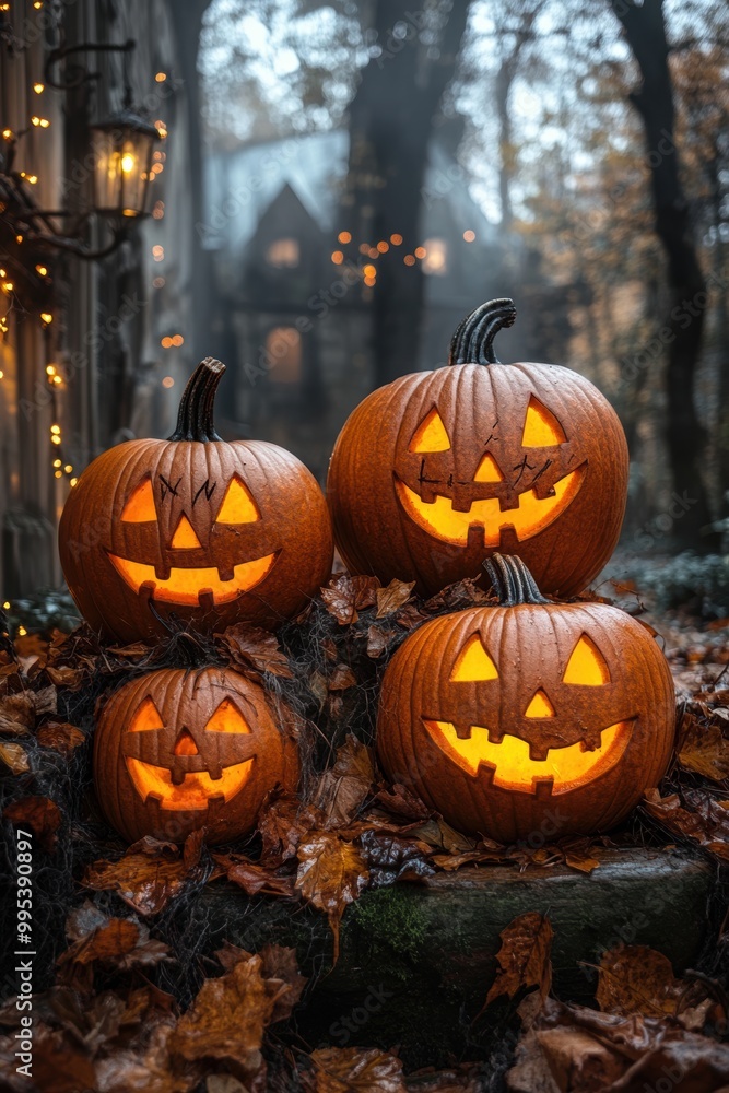 Glowing jack-o’-lanterns and eerie fog create a chilling ambiance for Halloween night Glowing jack-o’-lanterns and eerie fog create a chilling ambiance for Halloween night