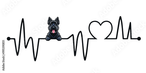 Heartbeat line with Scottish Terrier Dog Peeking, Dog and Heartbeat frequency with Heart Love Vector illustration
