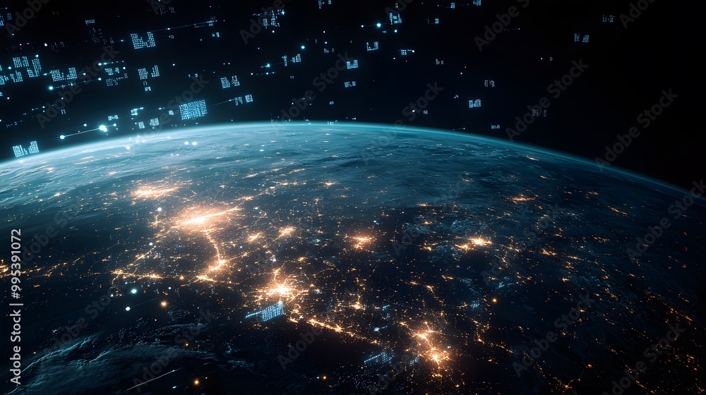 Planet Earth, city lights and cellular digital network growing binary data. Planet Earth, city lights and cellular digital network growing binary data.