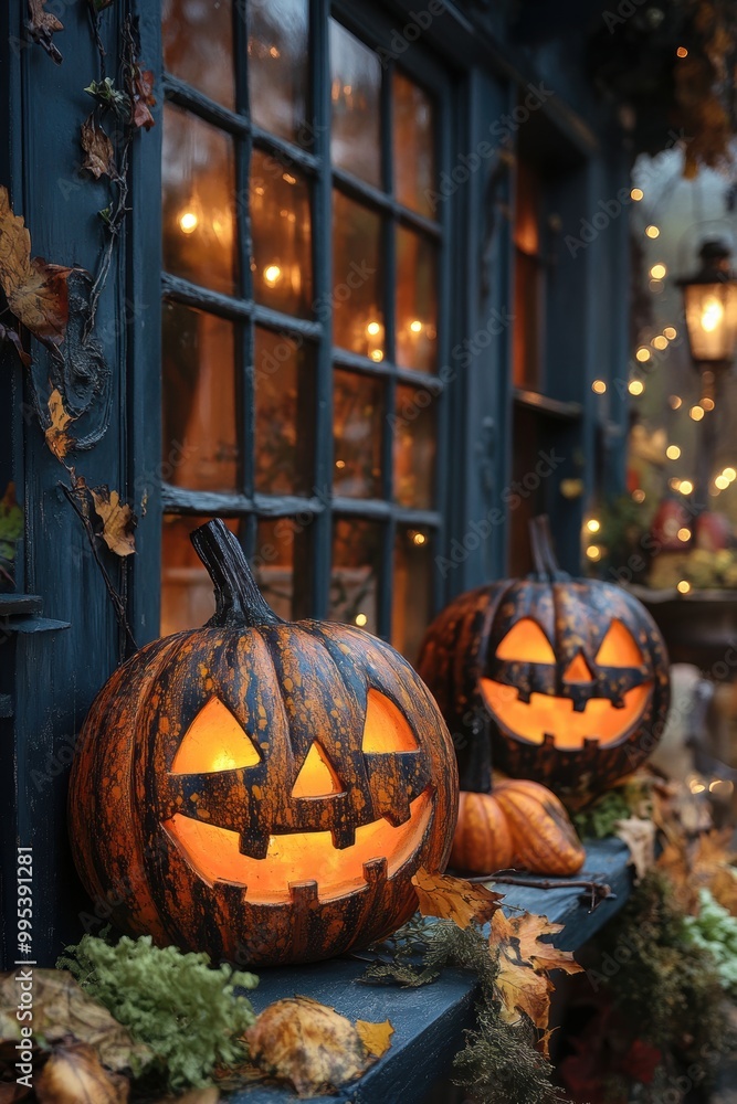 Glowing jack-o’-lanterns and eerie fog enhance the Halloween atmosphere with a spooky touch Glowing jack-o’-lanterns and eerie fog enhance the Halloween atmosphere with a spooky touch