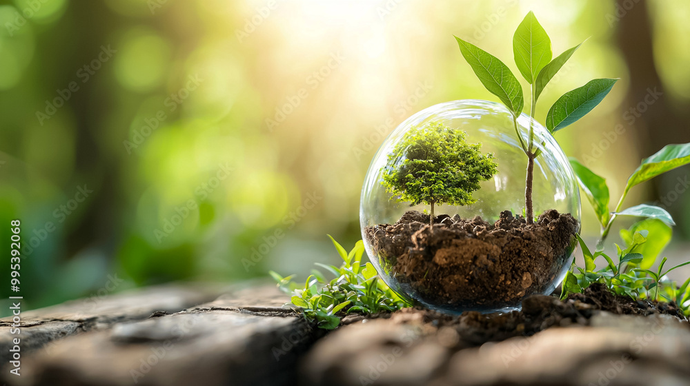 A small tree is in a glass container with dirt A small tree is in a glass container with dirt