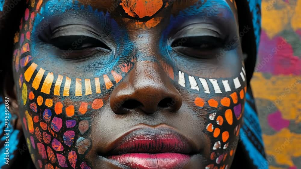 A close-up portrait of a woman with colorful face paint, taken during a festival celebration A close-up portrait of a woman with colorful face paint, taken during a festival celebration
