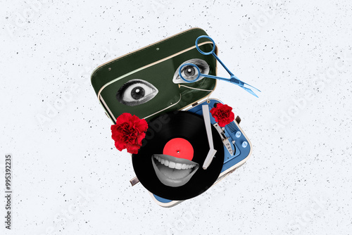 Creative drawing collage picture of vinyl record listen music have fun eyes mouth flowers weird freak bizarre unusual fantasy photo