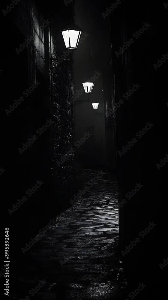 11. A dark alley illuminated by flickering street lamps 11. A dark alley illuminated by flickering street lamps