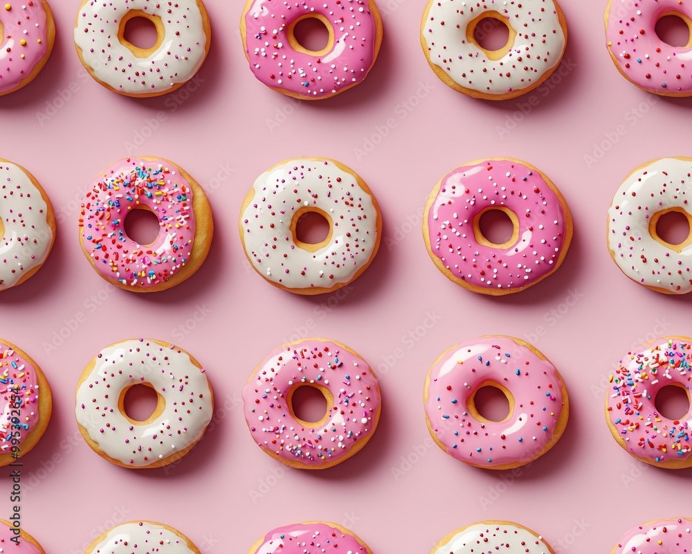 Donut pattern, colorful frosted donuts with sprinkles, 3D illustration Donut pattern, colorful frosted donuts with sprinkles, 3D illustration