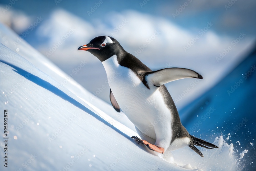 Fototapeta premium Gentoo penguin sliding on ice looking up