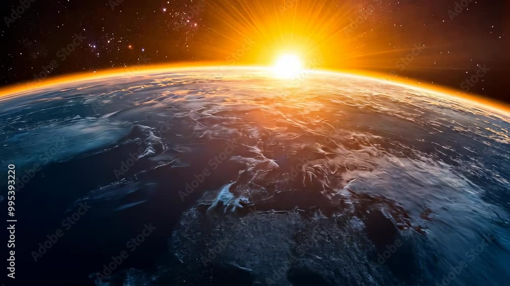 The sun rises over Earth, casting a warm glow on the planet's surface The sun rises over Earth, casting a warm glow on the planet's surface