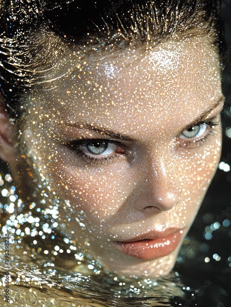 A Close-Up Portrait of a Woman's Face Covered in Glitter and Water A Close-Up Portrait of a Woman's Face Covered in Glitter and Water