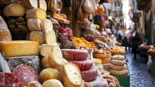 The colorful markets of Palermo, with vendors selling local cheeses, meats, and bread.