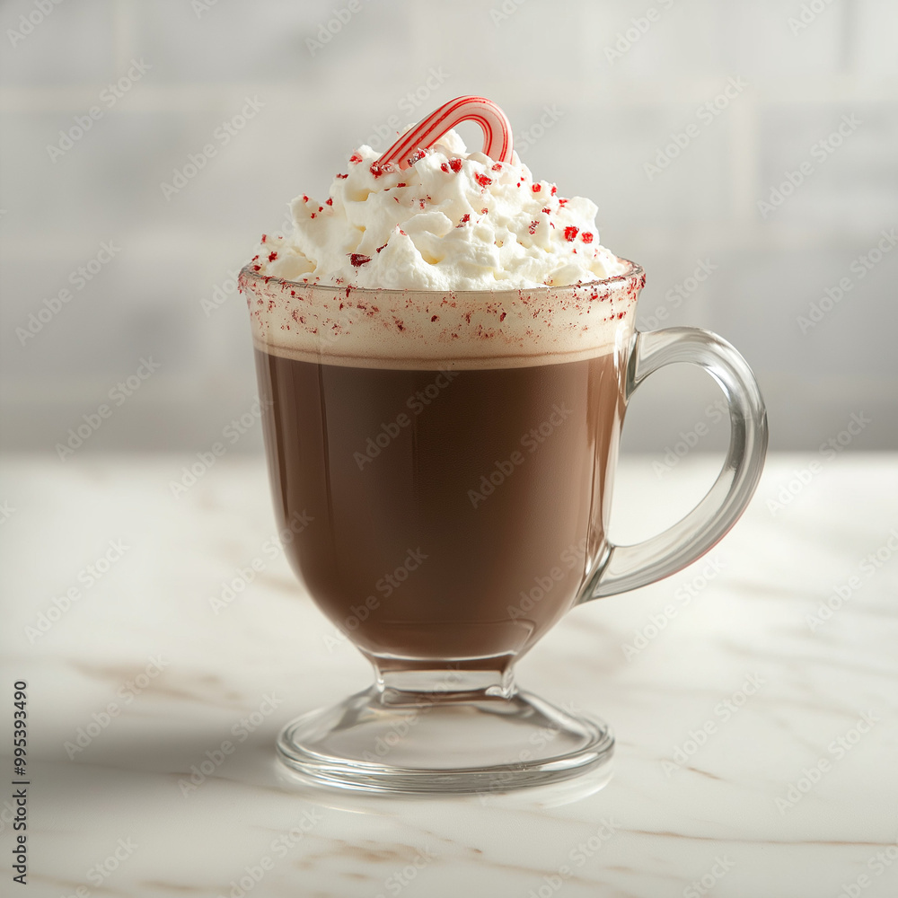 Festive peppermint hot chocolate with whipped cream and candy cane Festive peppermint hot chocolate with whipped cream and candy cane