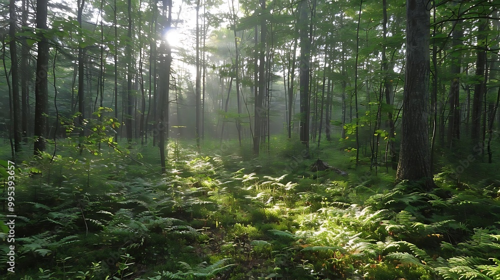 Obraz premium A serene forest scene with sunlight filtering through the trees, illuminating lush greenery.