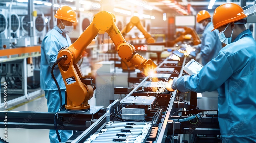 A clean factory interior featuring advanced robotic arms assembling lithium-ion batteries on a conveyor belt, with workers in protective gear closely monitoring the process. high-tech machinery, LED A clean factory interior featuring advanced robotic arms assembling lithium-ion batteries on a conveyor belt, with workers in protective gear closely monitoring the process. high-tech machinery, LED