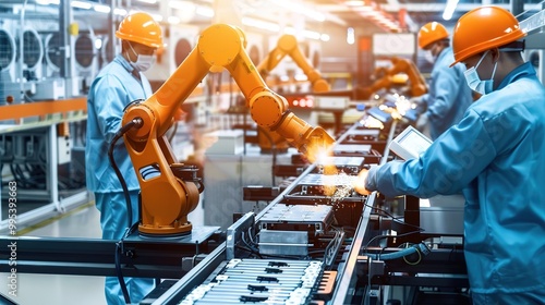 A clean factory interior featuring advanced robotic arms assembling lithium-ion batteries on a conveyor belt, with workers in protective gear closely monitoring the process. high-tech machinery, LED