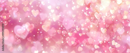 A dreamy background with glowing hearts and sparkles in pink and white hues.
