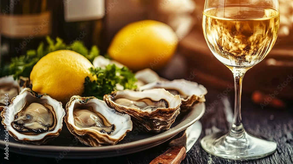 White wine in a glass and oysters in a restaurant White wine in a glass and oysters in a restaurant