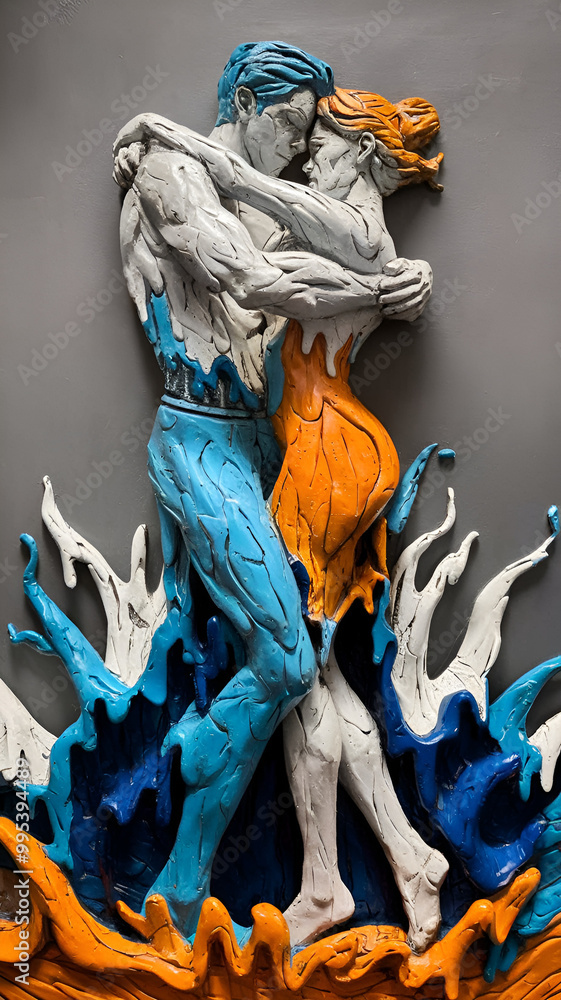 Fototapeta premium artwork of a man and a woman embracing each other. Fluid Affection: The Dance of Color and Form