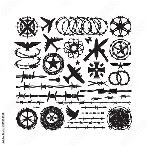 Barbed wire collection silhouette vector. Razor wire silhouettes. Barbed wire metallic border elements, barb wire set, barb wire icon.
