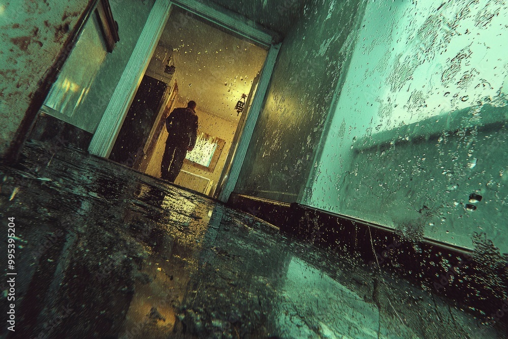 A Man Walking Through A Wet, Abandoned Building Hallway A Man Walking Through A Wet, Abandoned Building Hallway