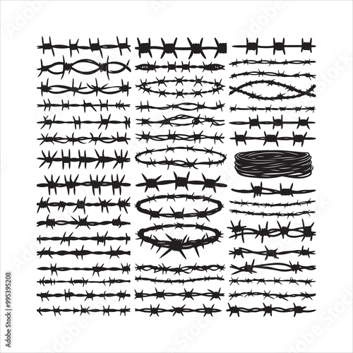 Barbed wire collection silhouette vector. Razor wire silhouettes. Barbed wire metallic border elements, barb wire set, barb wire icon.