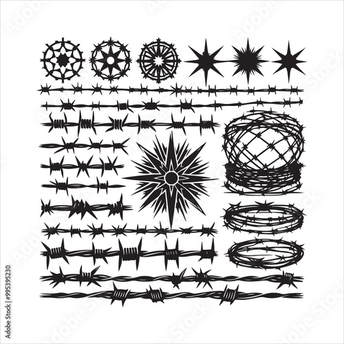 Barbed wire collection silhouette vector. Razor wire silhouettes. Barbed wire metallic border elements, barb wire set, barb wire icon.